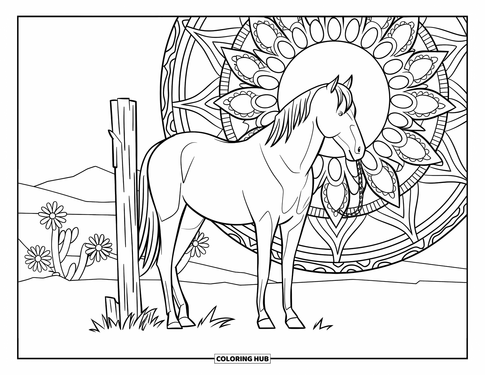 Western Horse Coloring Page for Adults: Horse tied to a rustic post with blooming mandala desert flowers