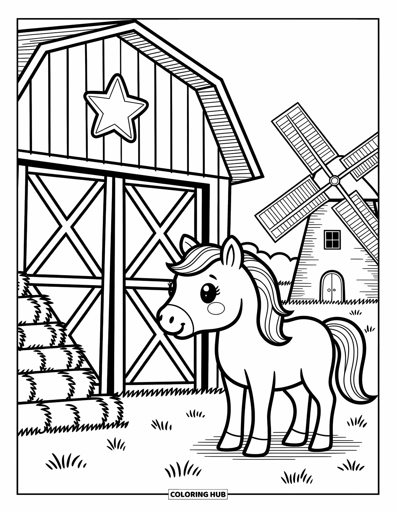 Western Horse Coloring Page for Adults: Horse tilting its head toward a barn and rustic windmill