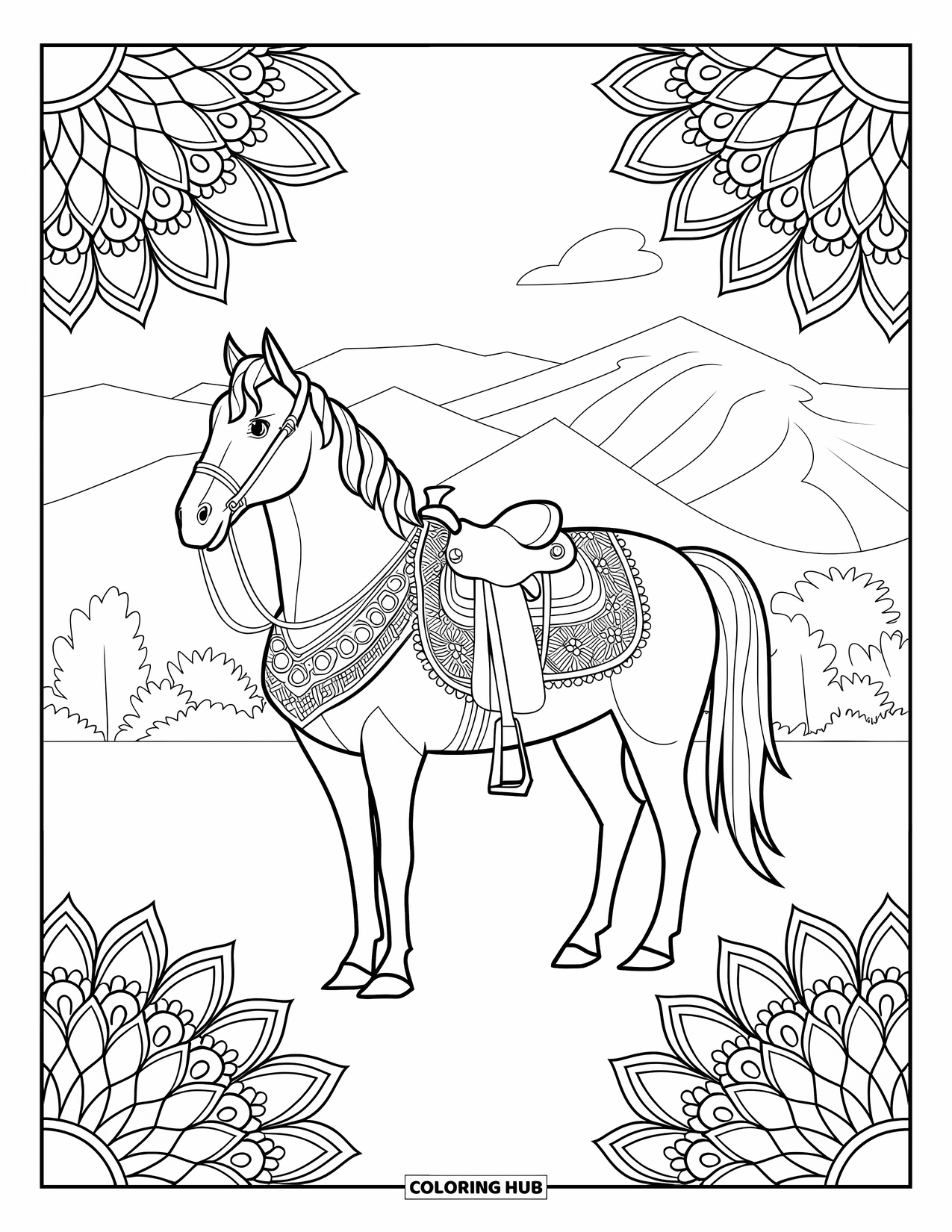 Western Horse Coloring Page for Adults: Horse with a detailed mandala saddle framed by floral designs