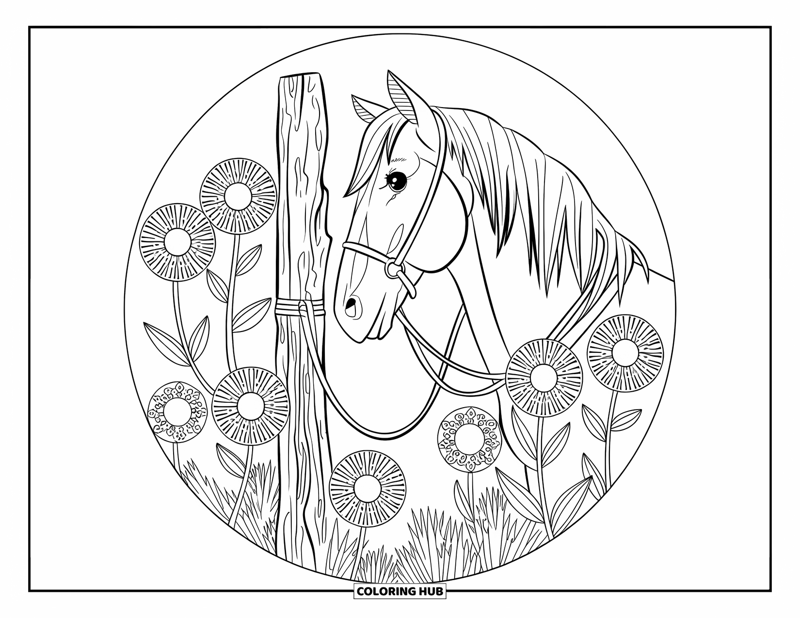 Western Horse Coloring Page for Adults: Mandala-style horse tied to a rustic post surrounded by desert blooms