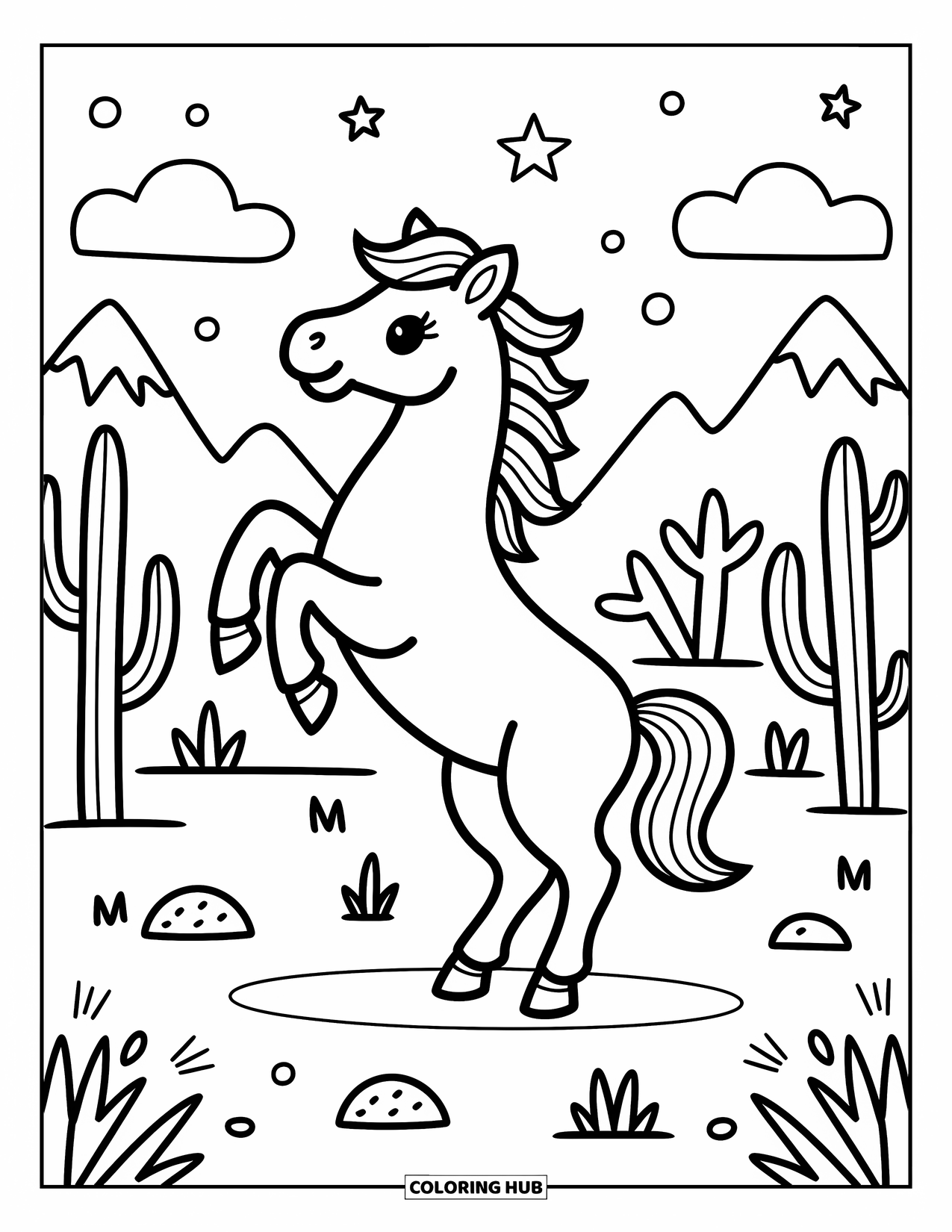 Western Horse Coloring Page for Adults: Playful horse rearing in a desert with cacti and mountains