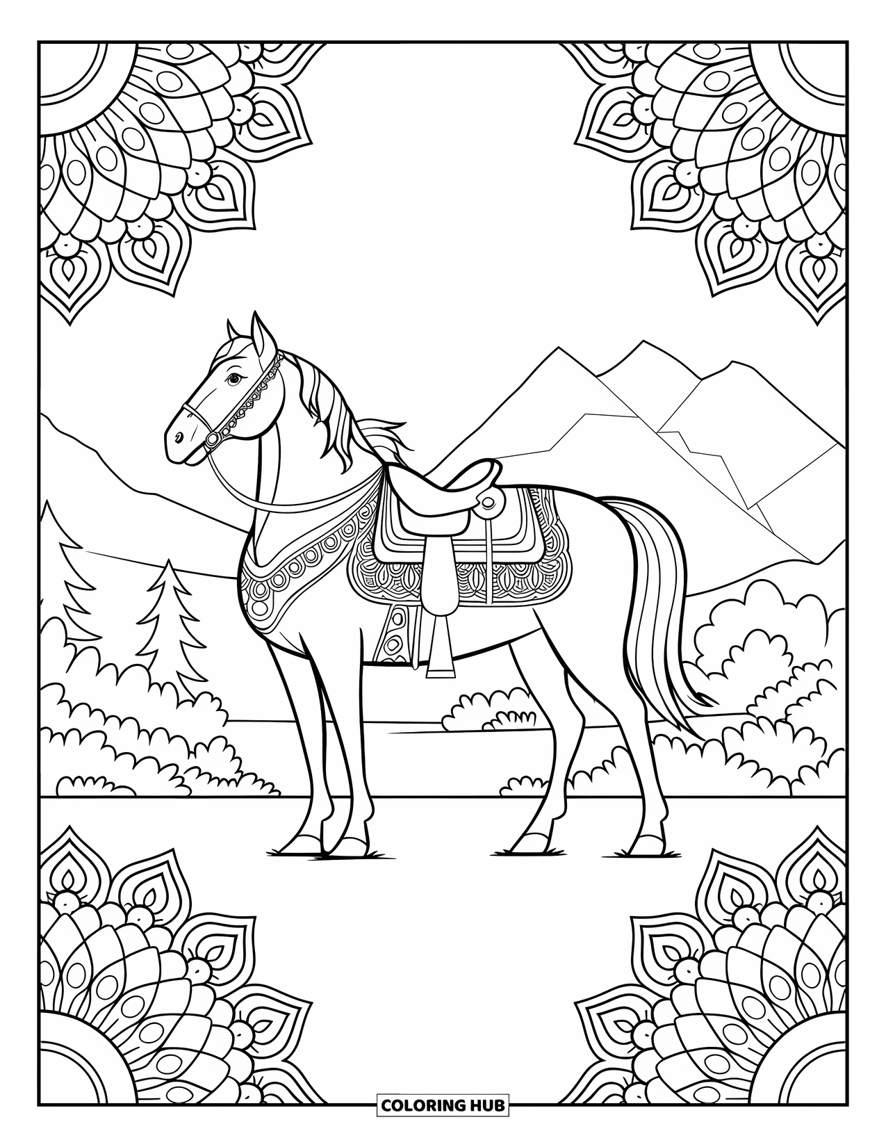 Western Horse Coloring Page for Adults: Proud western horse standing with a mandala-style saddle
