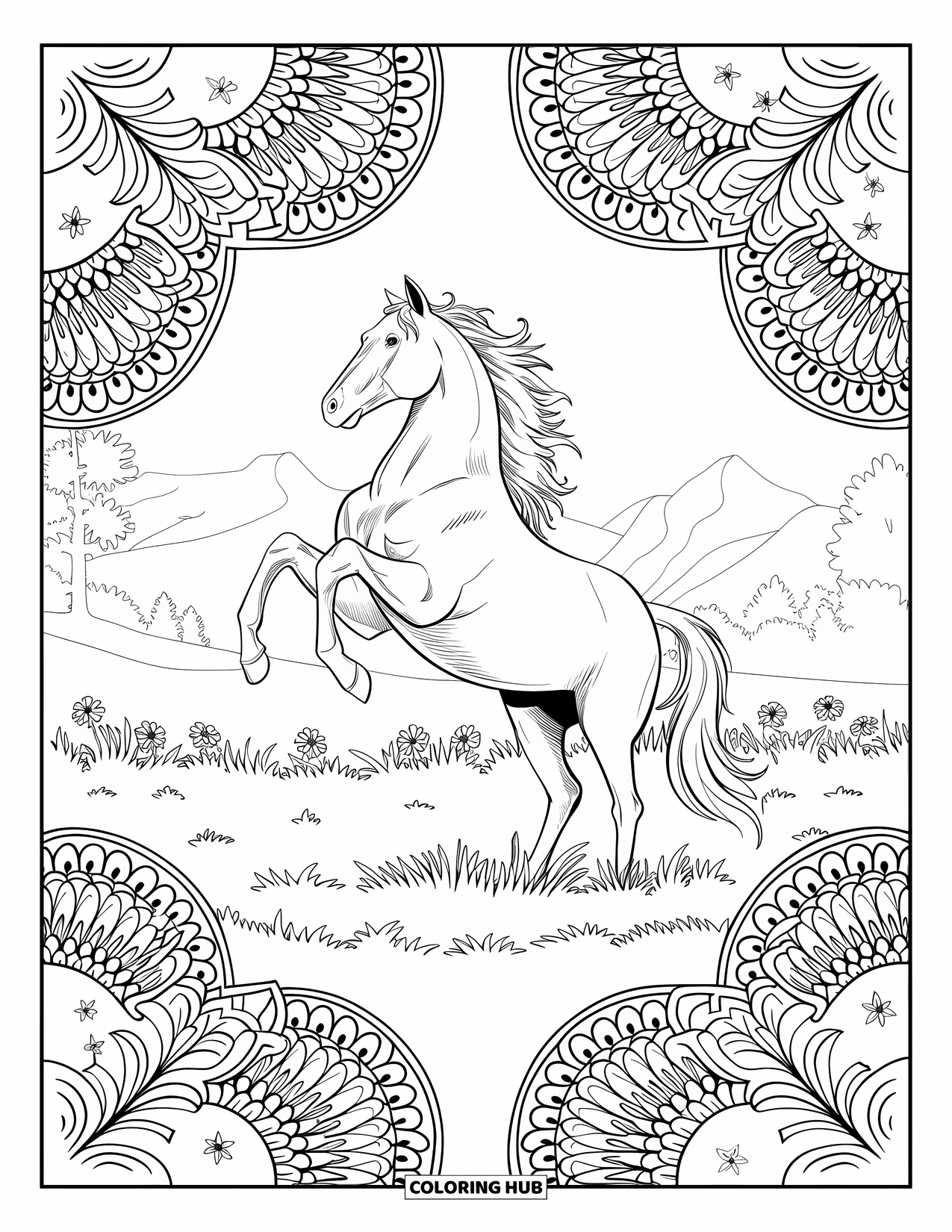 Western Horse Coloring Page for Adults: Rearing horse surrounded by floral mandalas on a grassy field