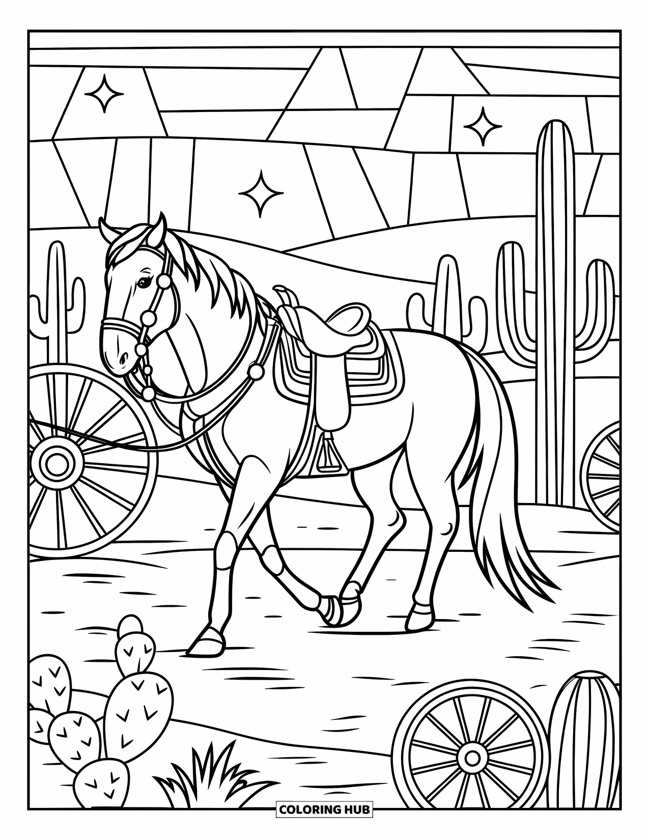 Western Horse Coloring Page for Adults: Saddled horse walking in a stained-glass desert with cacti and wheels