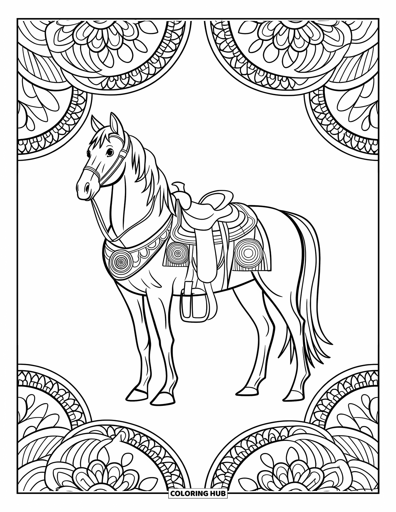 Western Horse Coloring Page for Adults: Western horse standing with mandala saddle and floral patterns