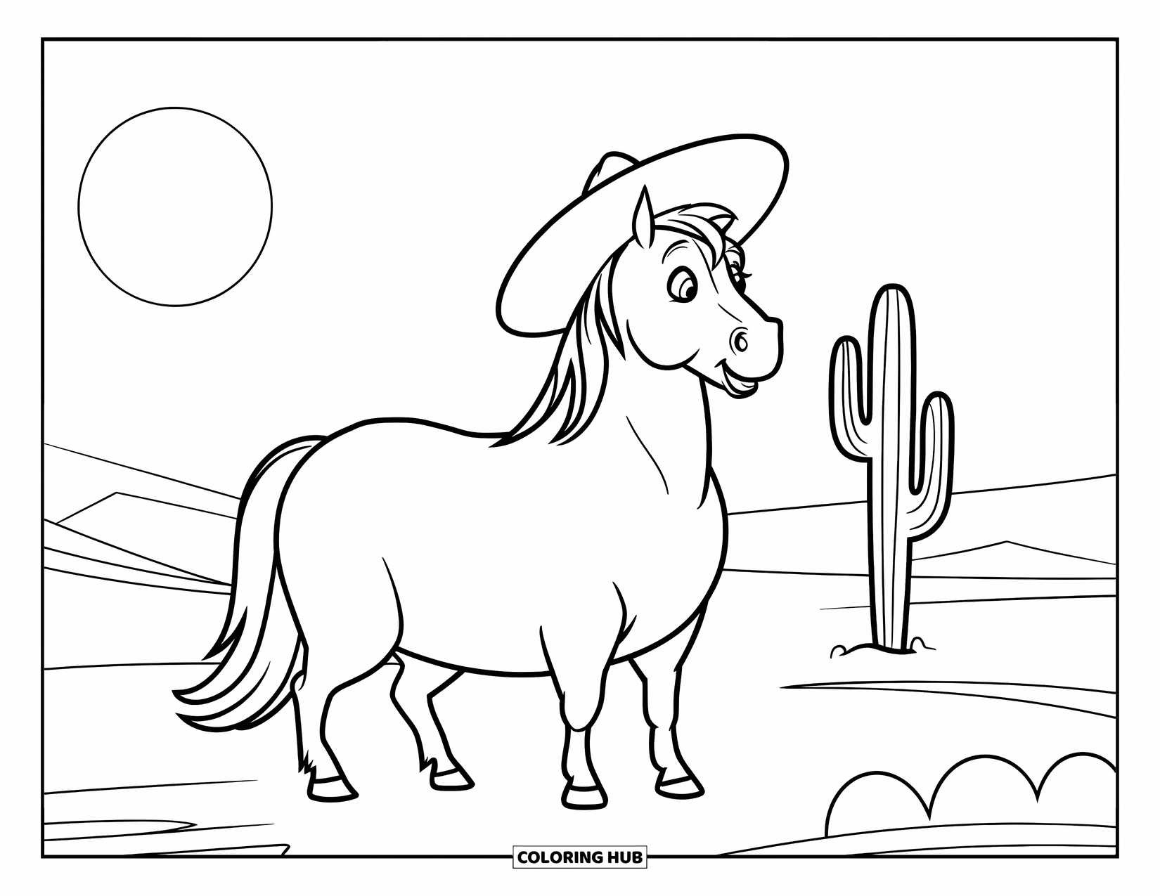 Western Horse Coloring Page for Kids: Chubby horse with hat and cactus under the desert sun