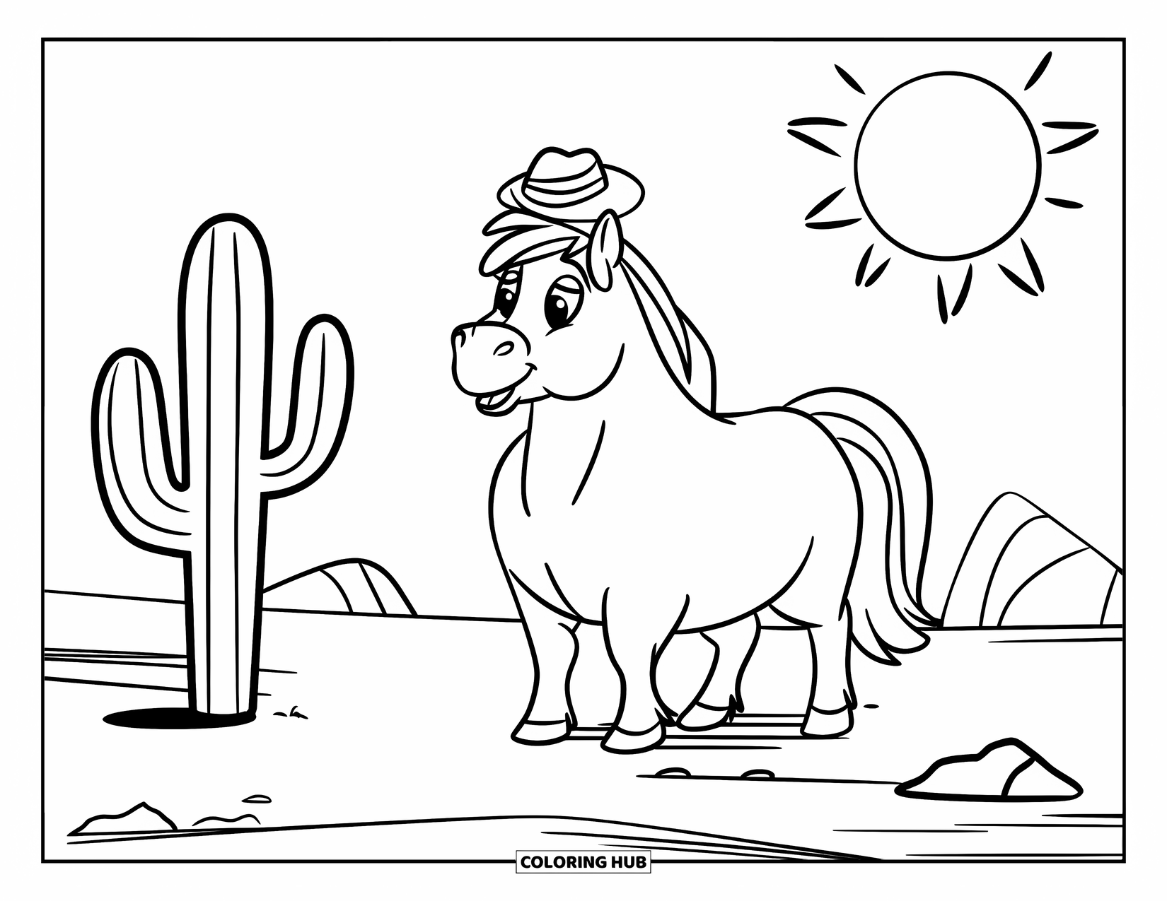 Western Horse Coloring Page for Kids: Chubby horse with tiny hat, cactus, and sun in desert
