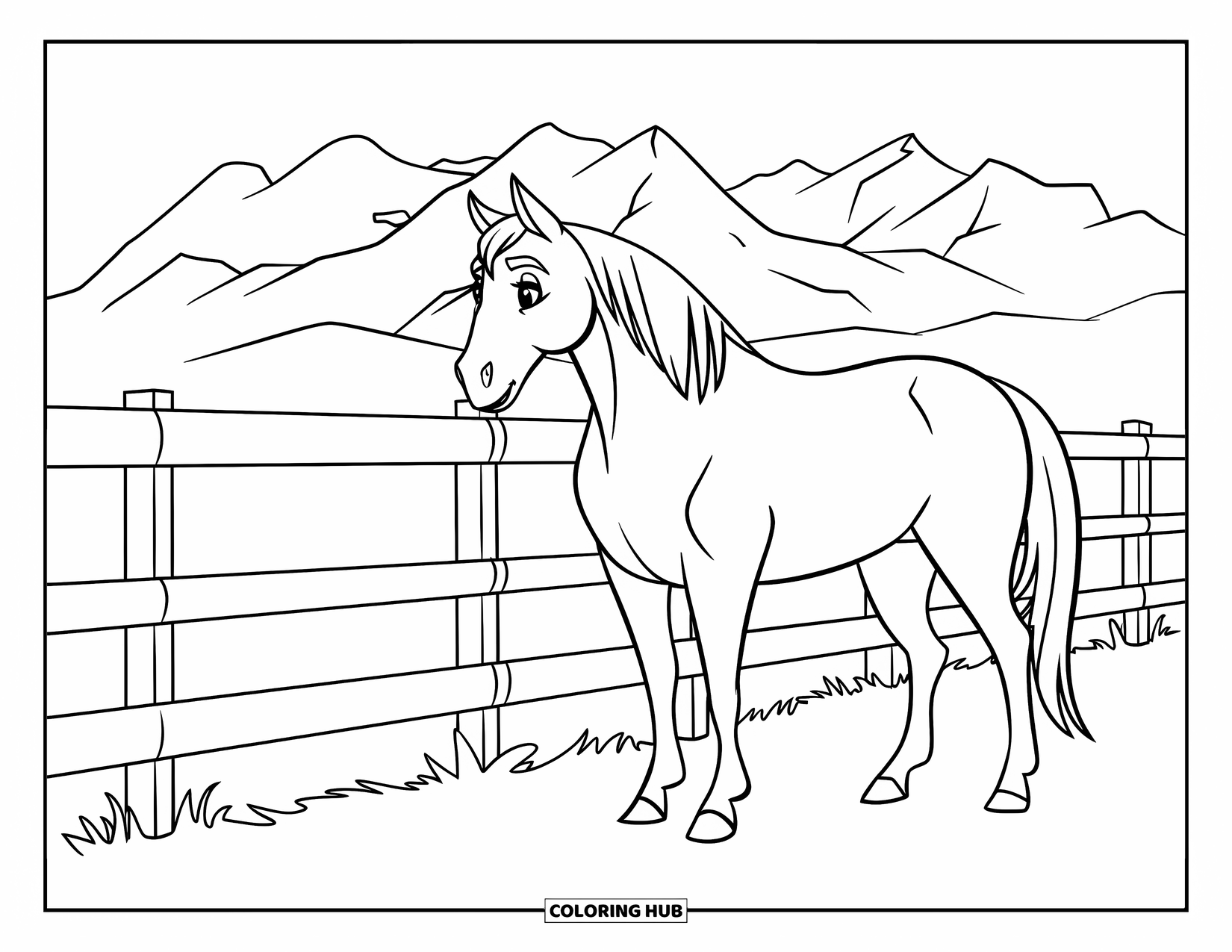 Western Horse Coloring Page for Kids: Horse by a fence with bold outlines and mountains behind