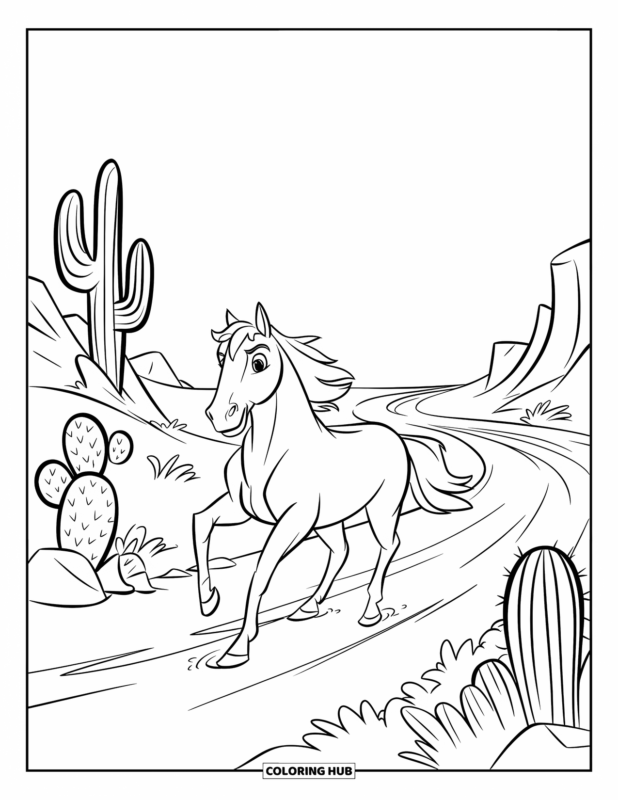 Western Horse Coloring Page for Kids: Horse galloping across a desert trail with cacti and rocks