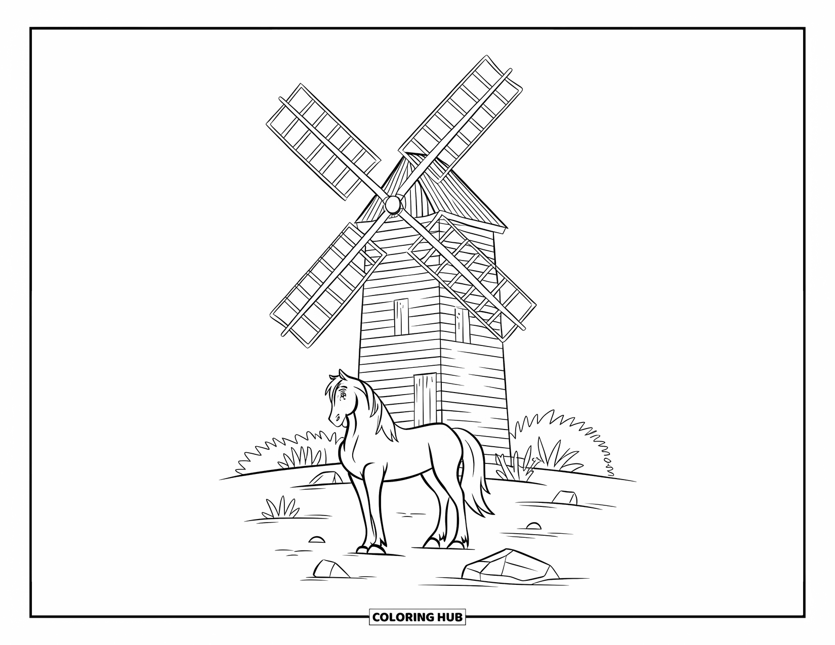 Western Horse Coloring Page for Kids: Horse near a broken windmill surrounded by rocks and shrubs