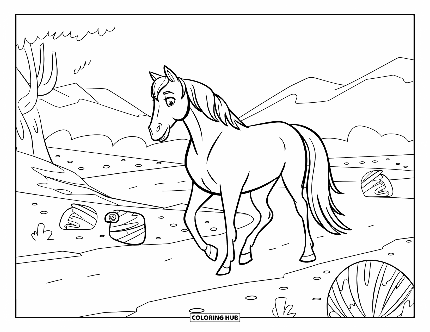 Western Horse Coloring Page for Kids: Horse on a dry ranch trail with tumbleweeds and distant mountains