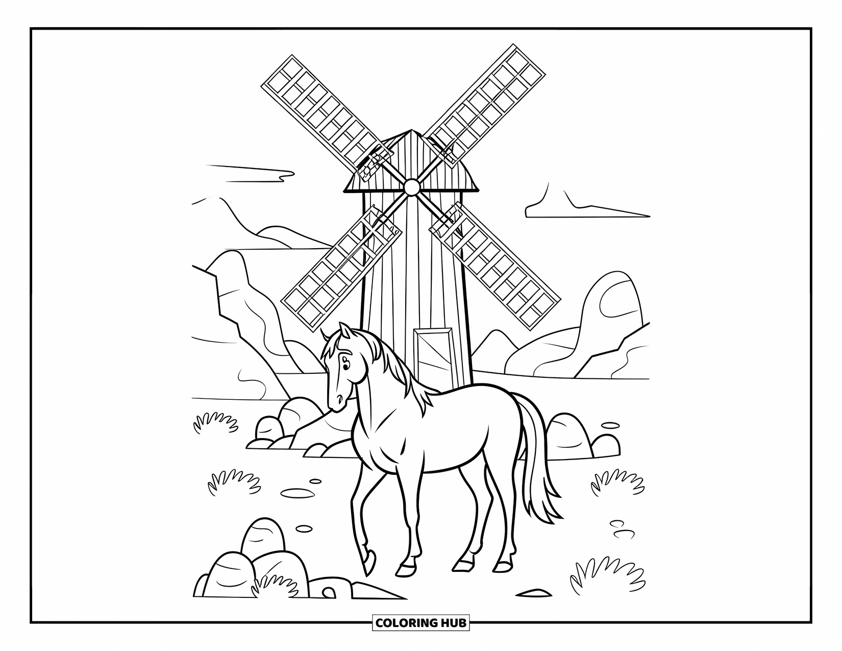 Western Horse Coloring Page for Kids: Horse standing beneath a western windmill with rocks and shrubs