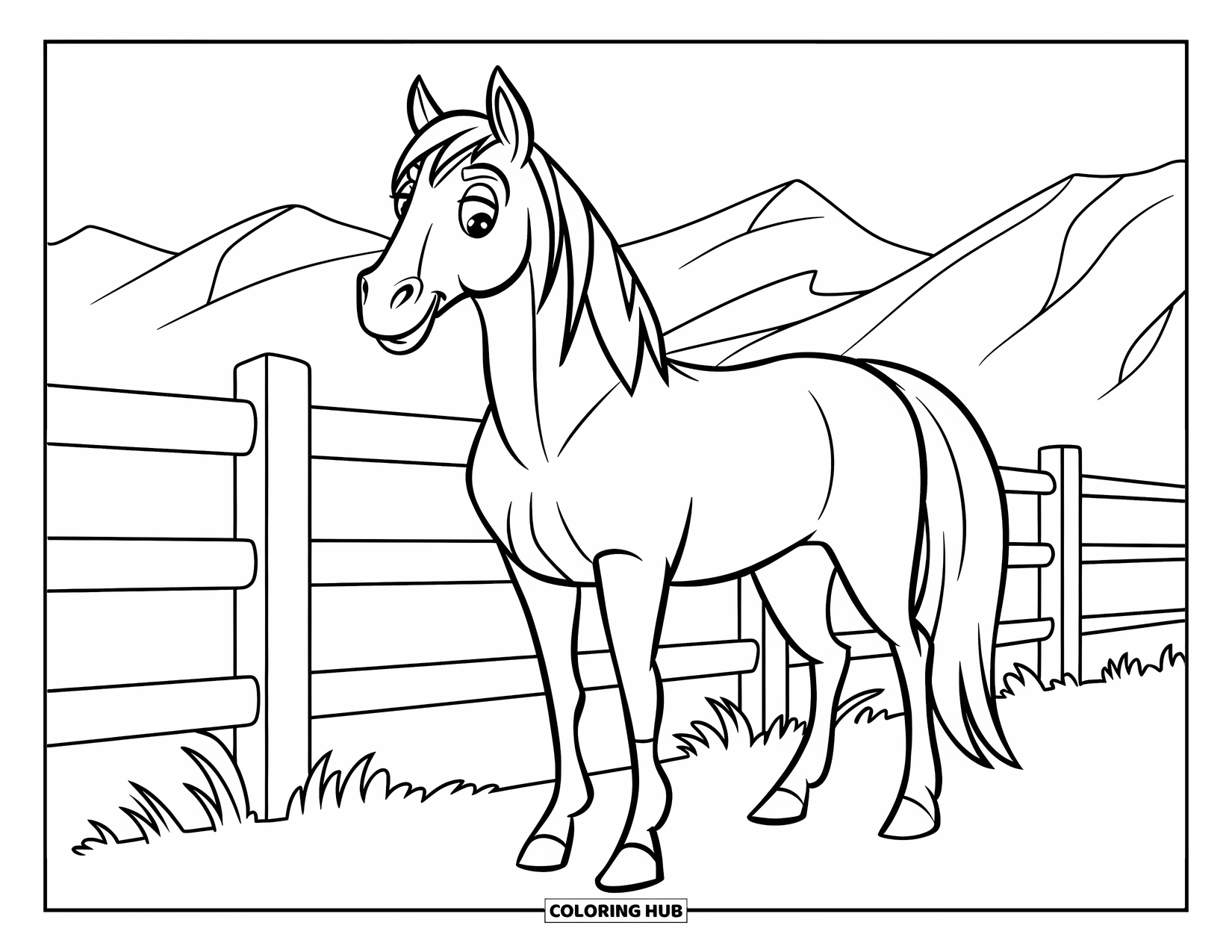 Western Horse Coloring Page for Kids: Horse standing calmly by a fence near mountains