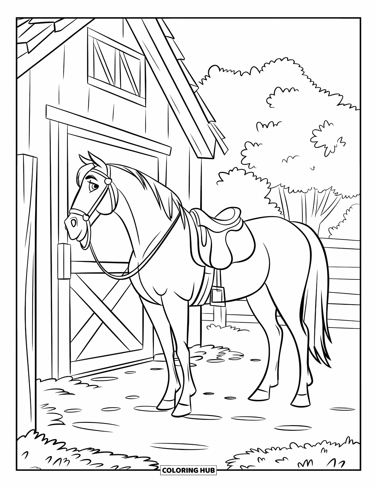 Western Horse Coloring Page for Kids: Horse tied to a post near a barn with trees