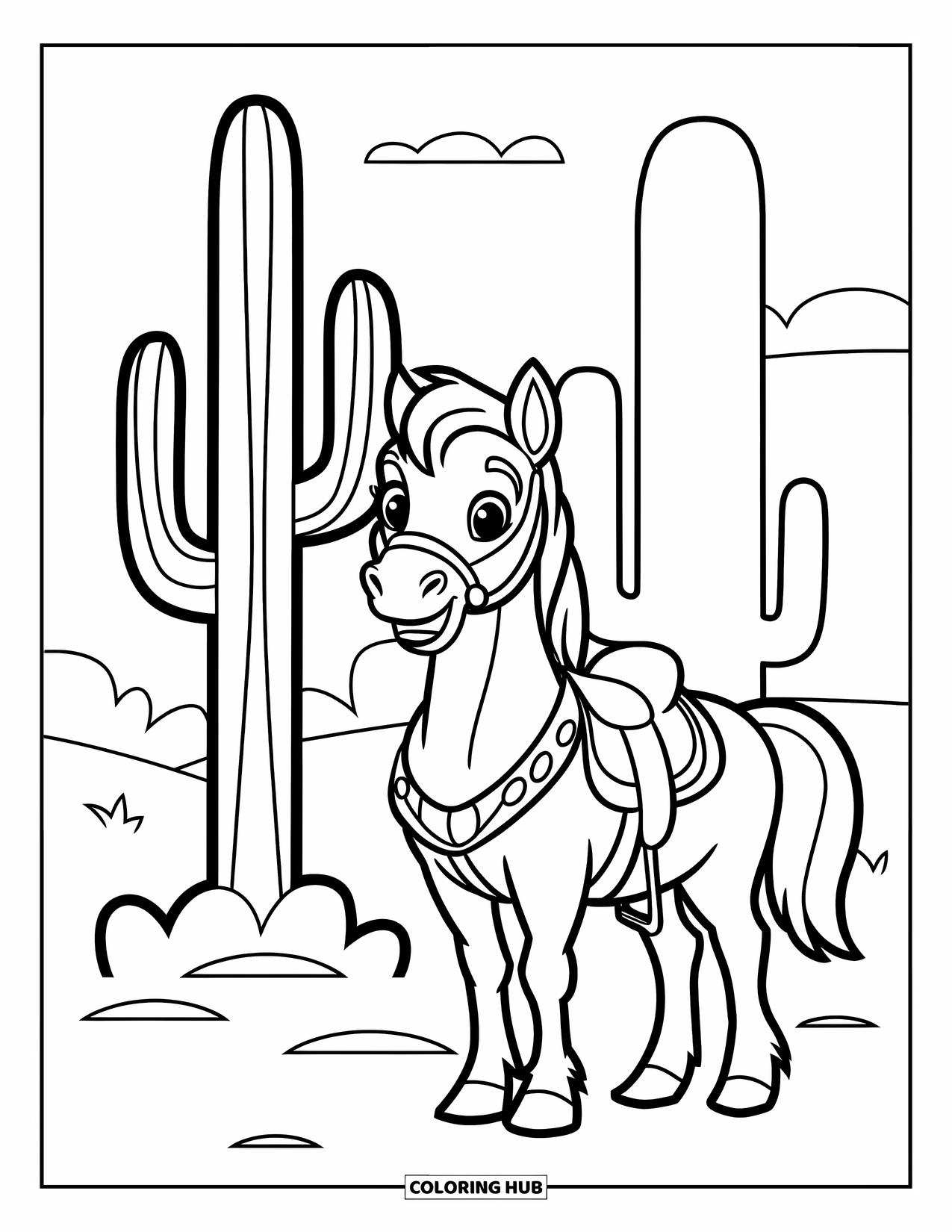 Western Horse Coloring Page for Kids: Horse with bridle and saddle beside a large cactus