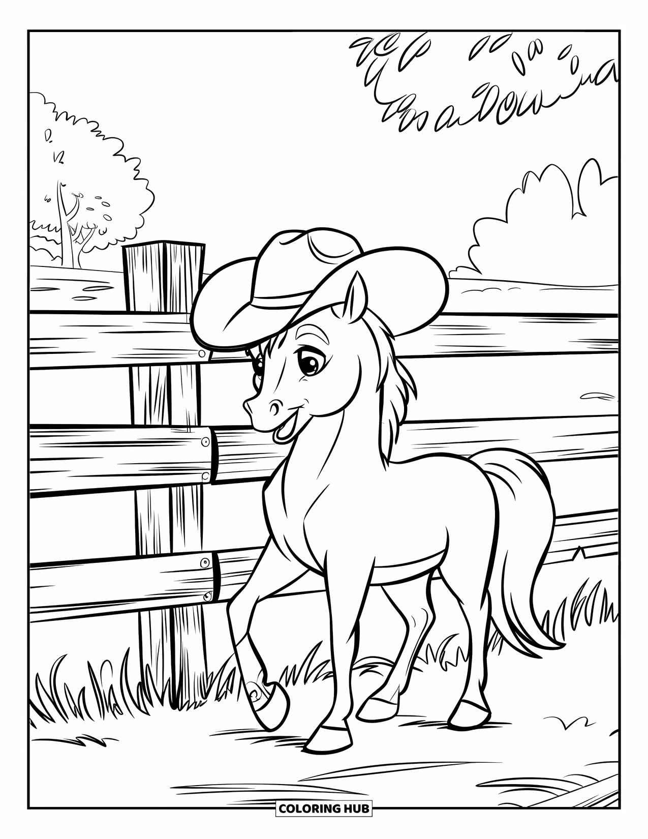 Western Horse Coloring Page for Kids: Horse with cowboy hat smiling near a weathered fence