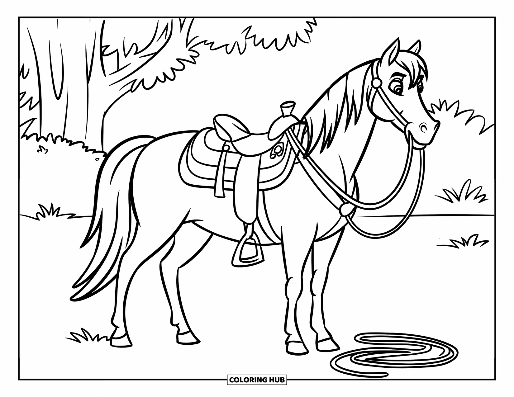 Western Horse Coloring Page for Kids: Horse with large saddle and lasso standing in a grassy field