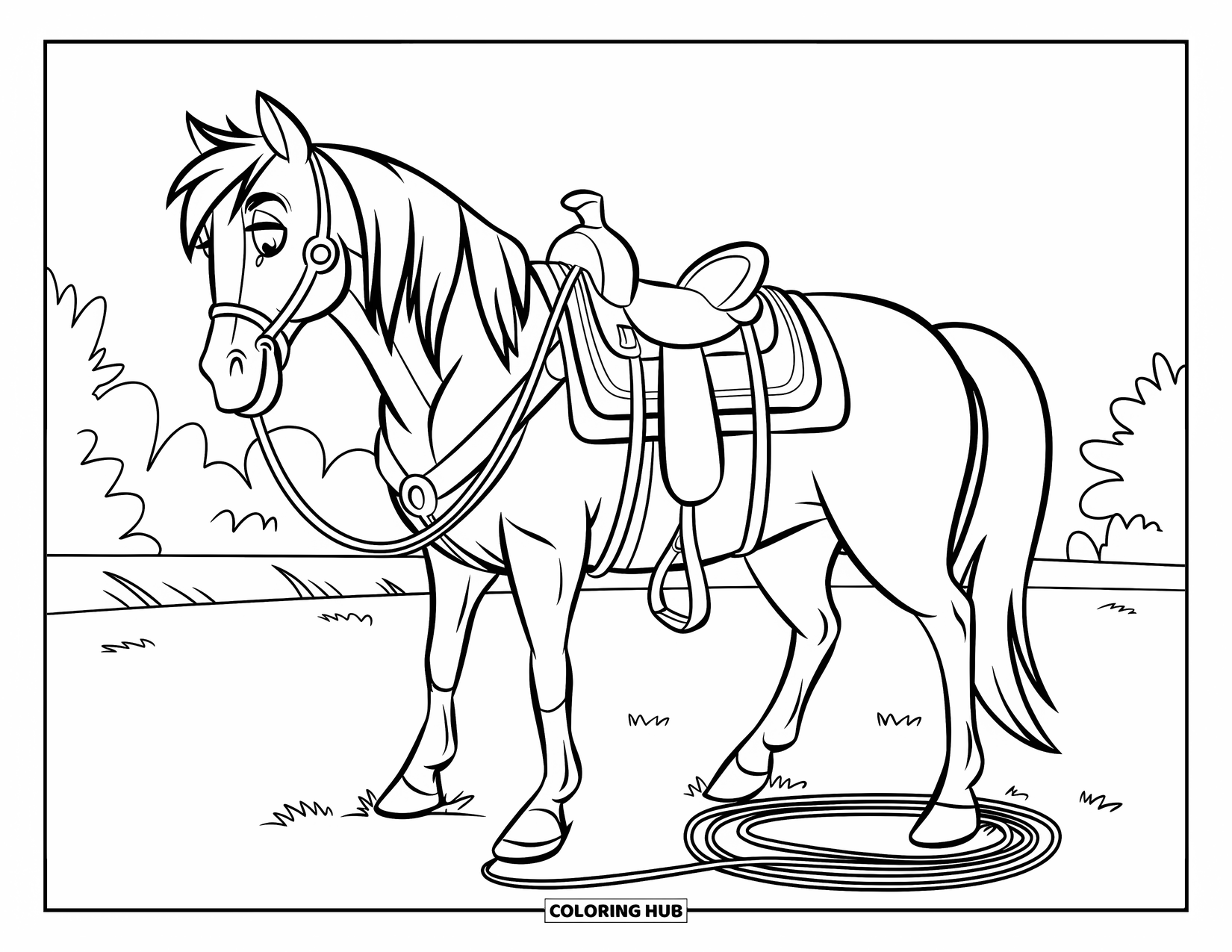 Western Horse Coloring Page for Kids: Horse with saddle and lasso near trees in a grassy field