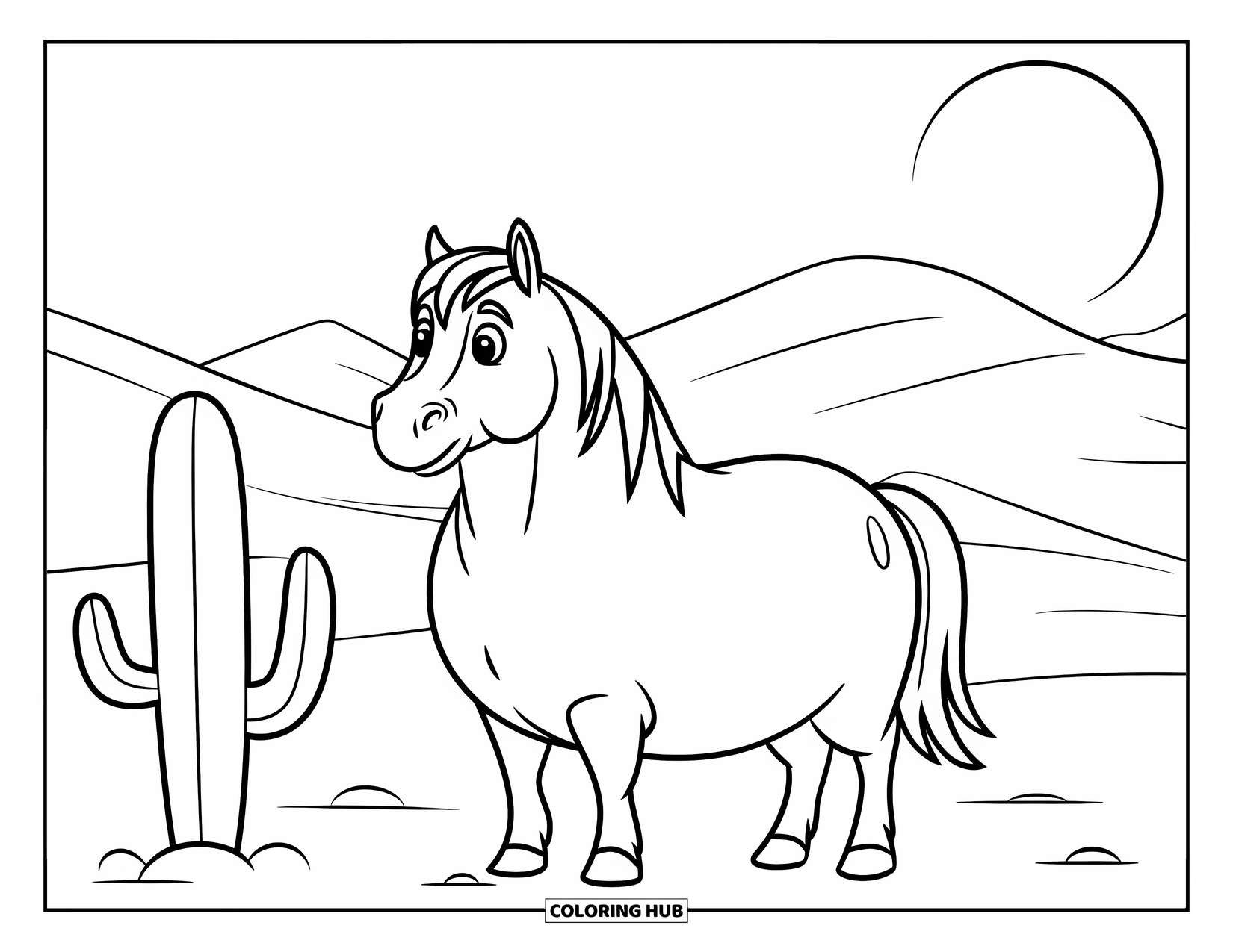 Western Horse Coloring Page for Kids: Playful chubby horse with cactus and rolling desert dunes
