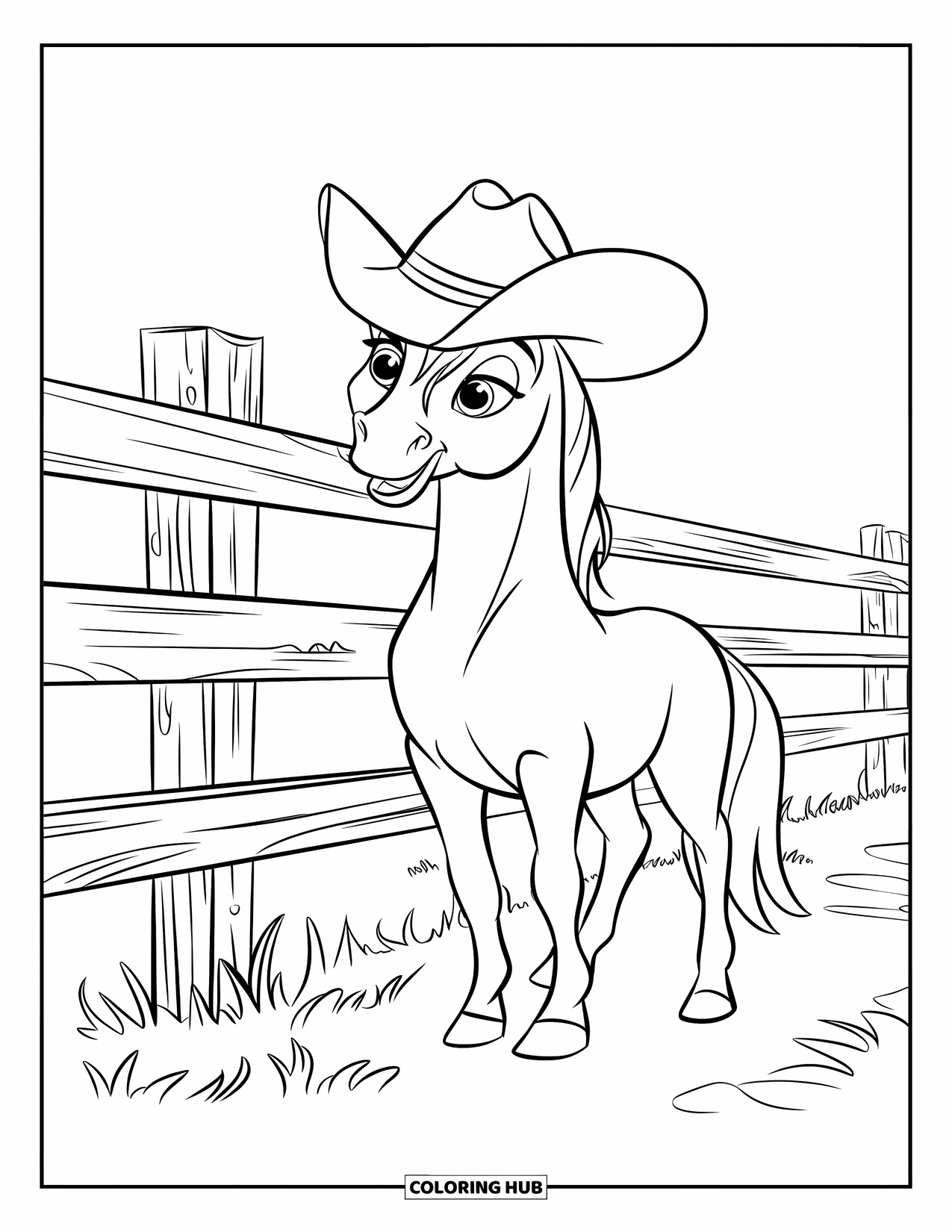 Western Horse Coloring Page for Kids: Playful horse in a hat near a rustic wooden fence