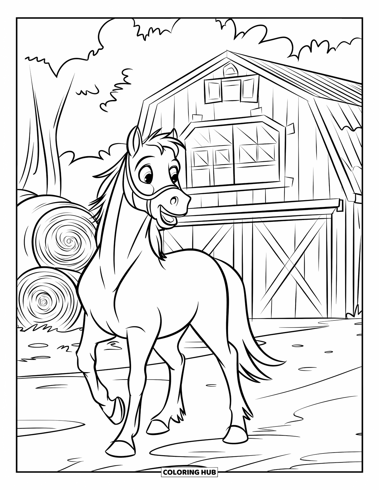 Western Horse Coloring Page for Kids: Playful horse with a halter standing before a big barn