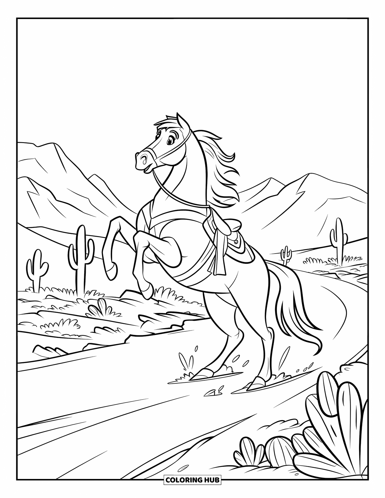 Western Horse Coloring Page for Kids: Rearing horse on a dusty trail with cacti and mountains