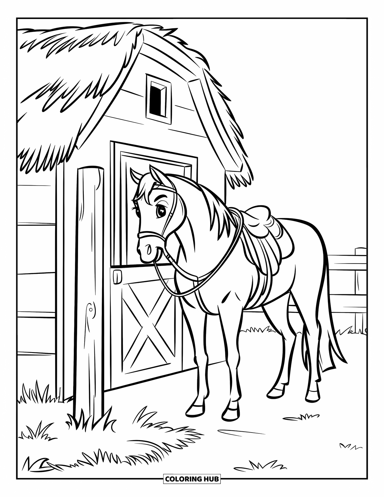 Western Horse Coloring Page for Kids: Saddled horse tied to a post beside a small barn