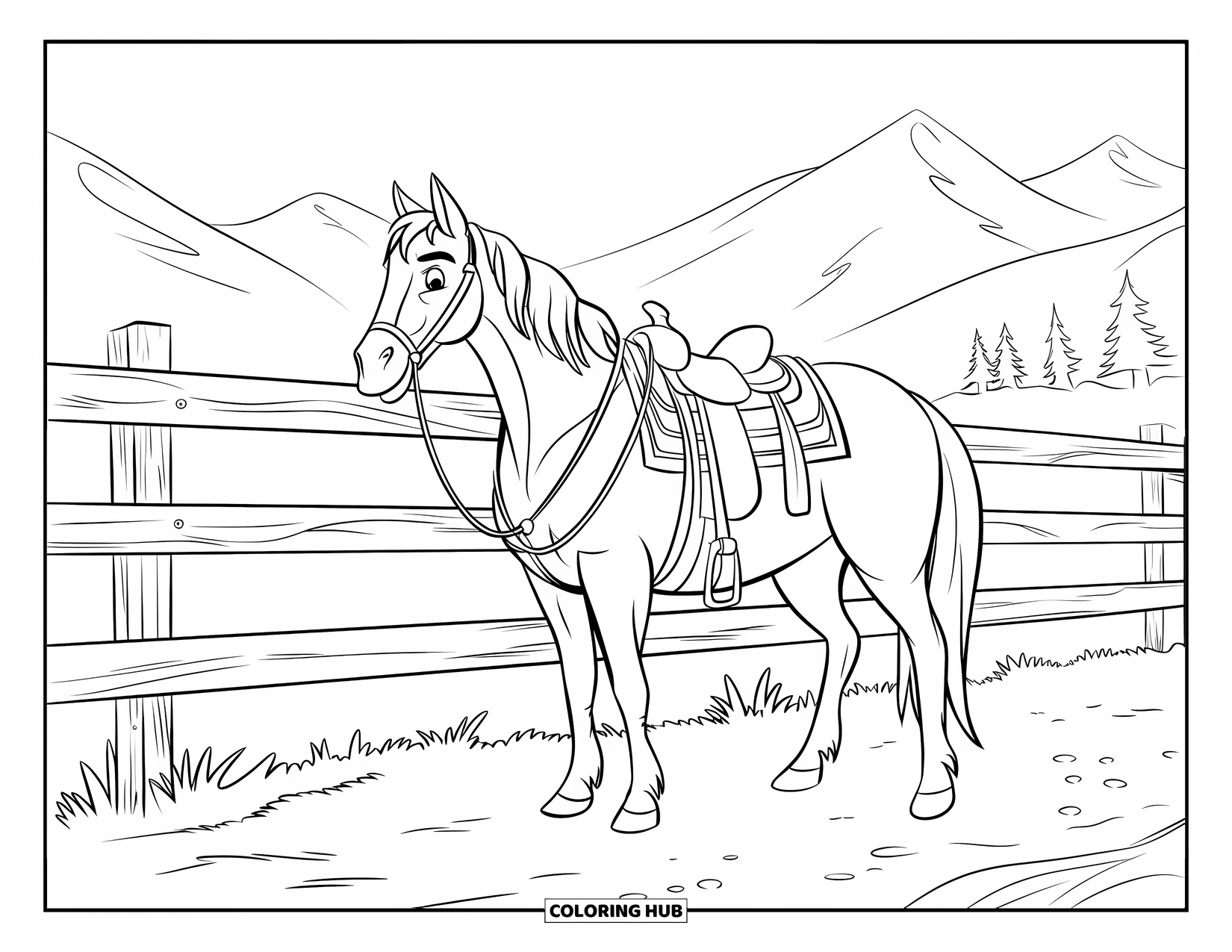 Western Horse Coloring Page for Kids: Western horse standing near a wooden fence with mountains