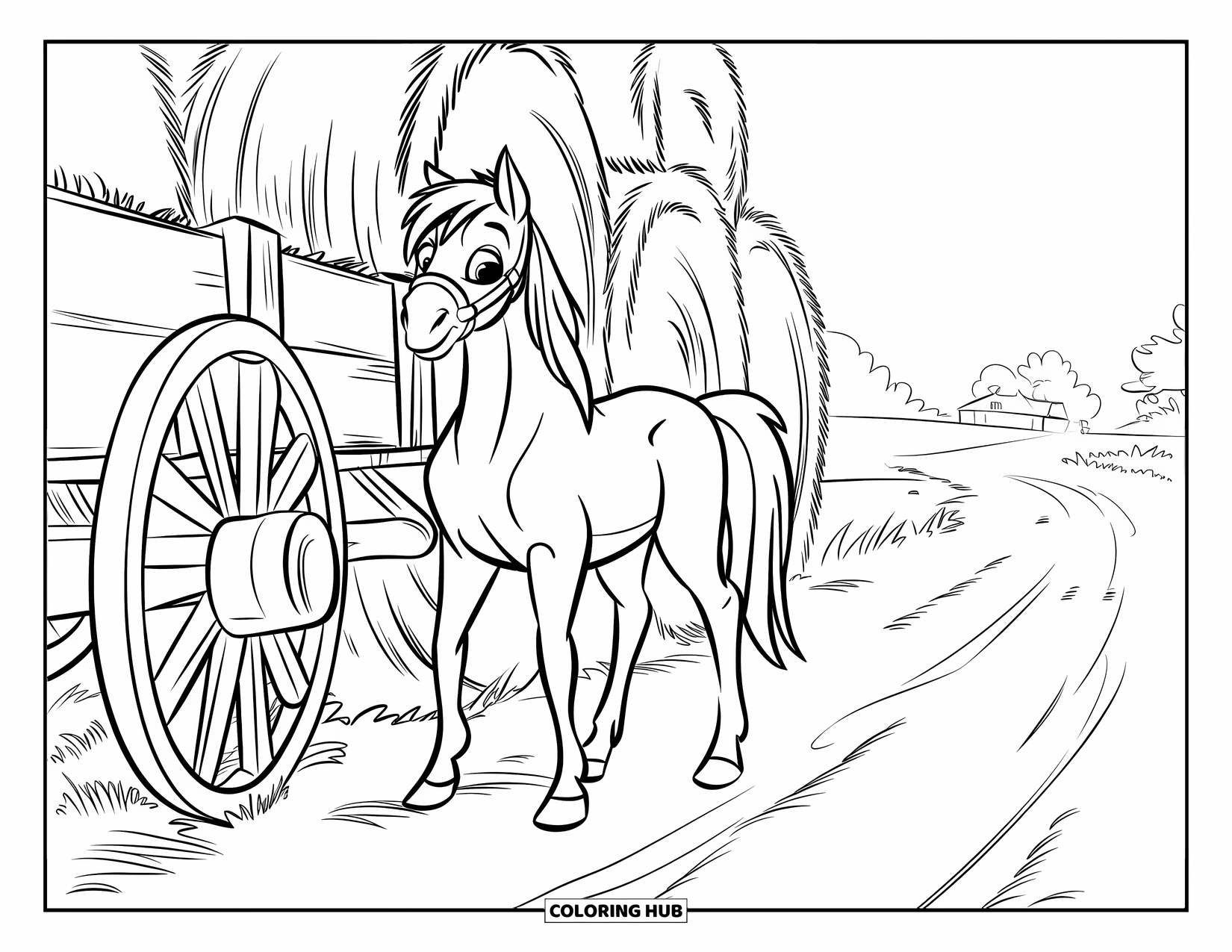Western Horse Coloring Page for Kids: Young horse near wagon wheel and hay bales with trees