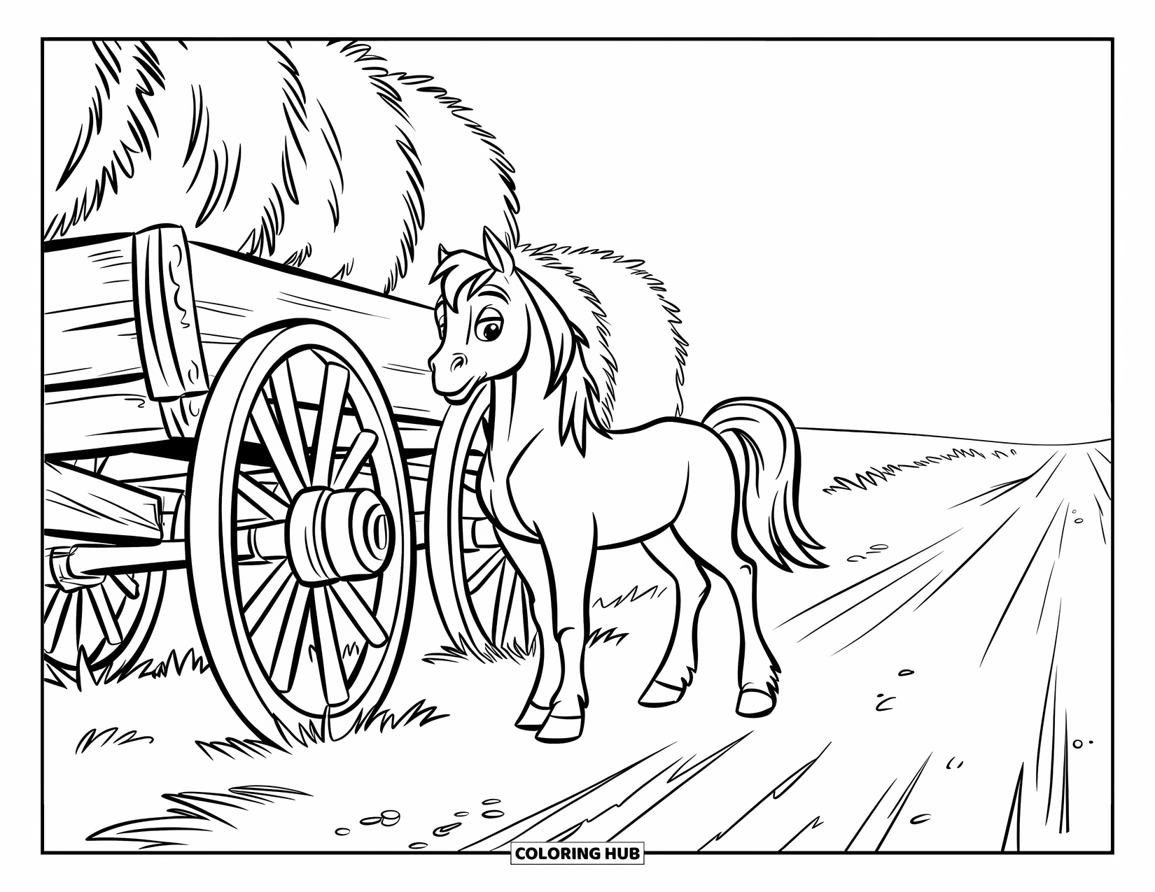 Western Horse Coloring Page for Kids: Young horse standing near a wagon wheel and hay bales