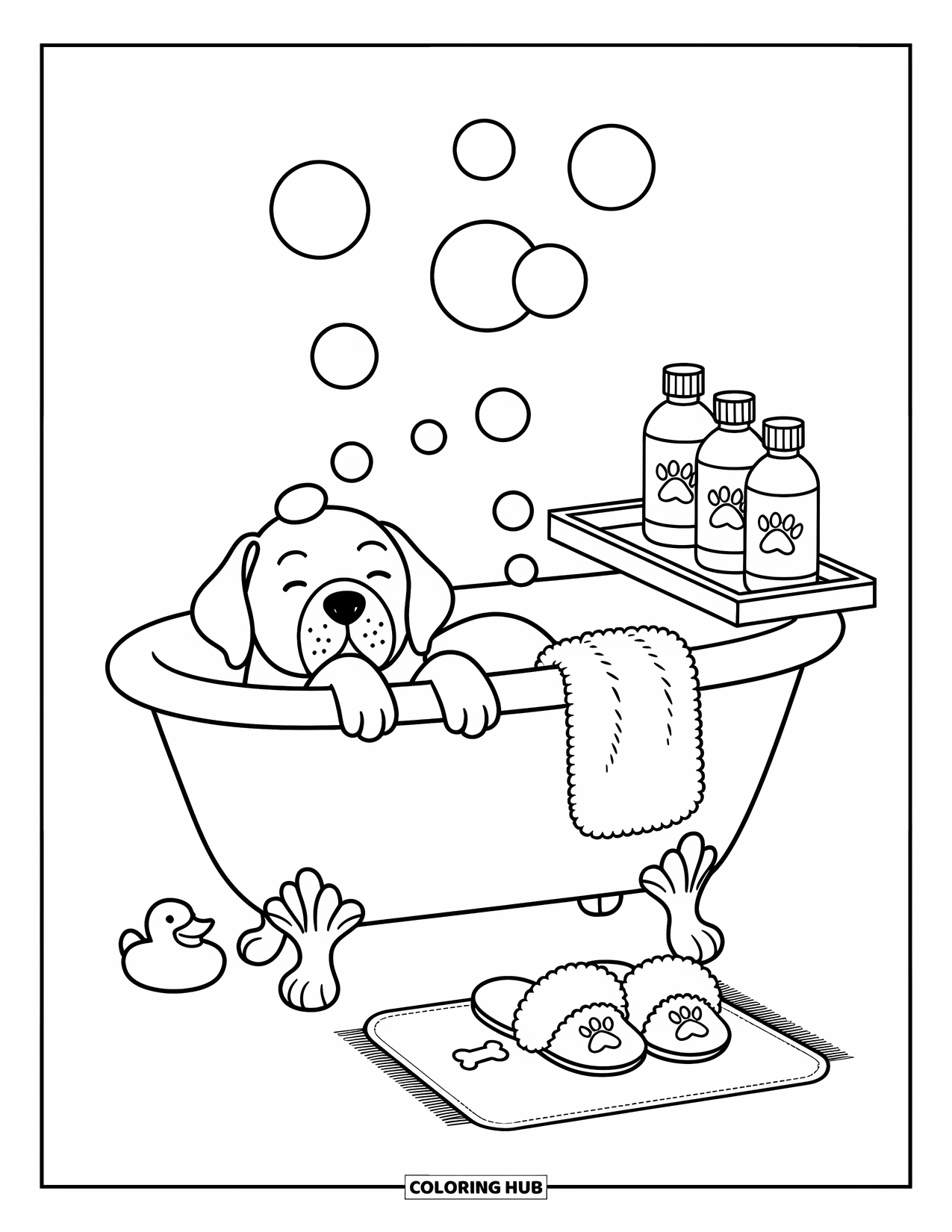 Wiener Dog Coloring Page for Adults: Content wiener dog enjoying bubbles in a tiny clawfoot bathtub