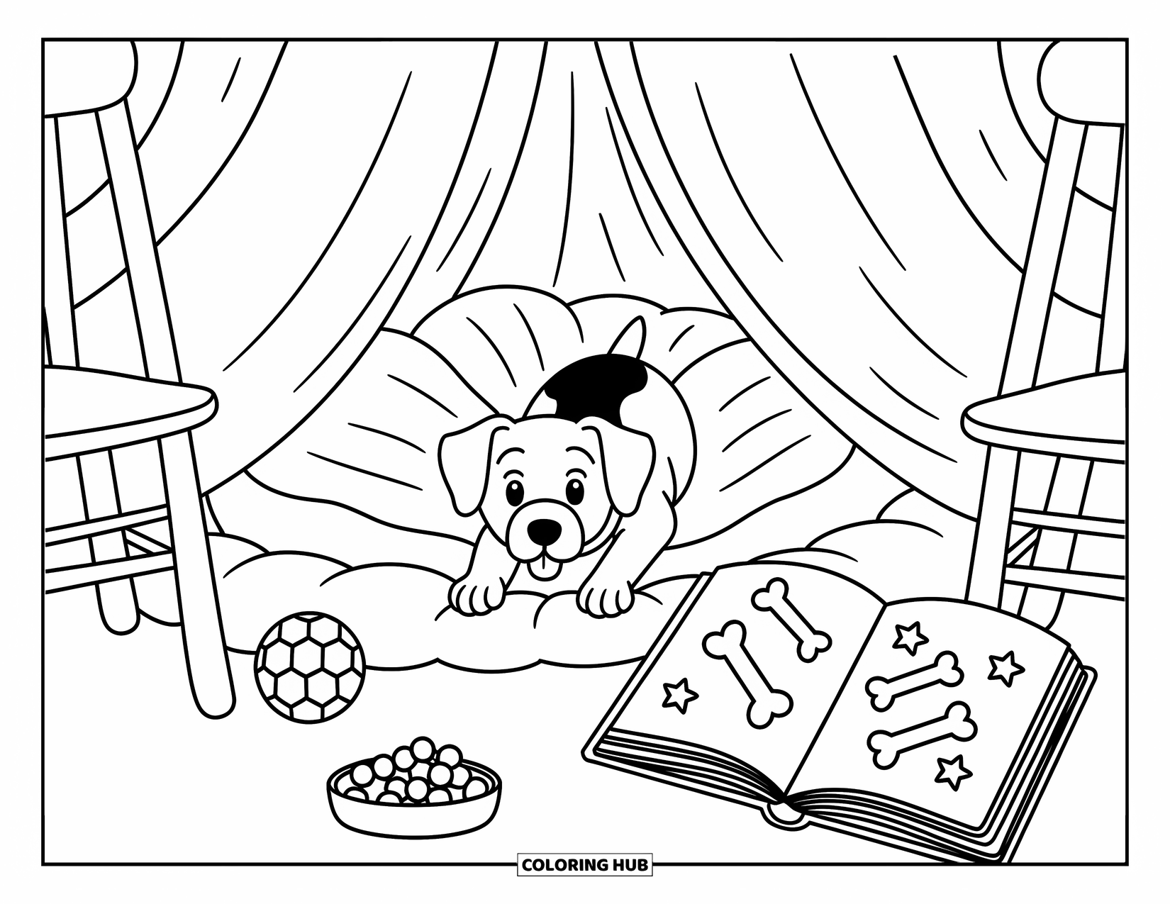 Wiener Dog Coloring Page for Adults: Playful wiener dog crawling through a cozy homemade blanket fort