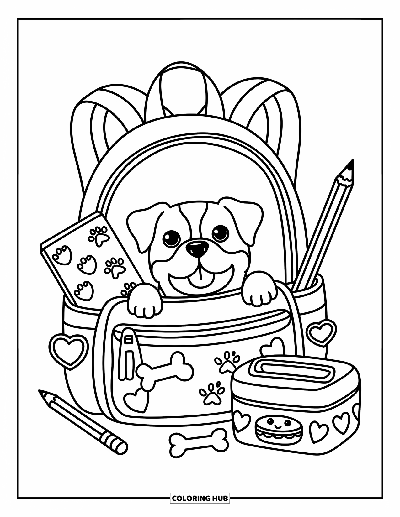 Wiener Dog Coloring Page for Adults: Playful wiener dog peeking from a backpack with heart and paw patches
