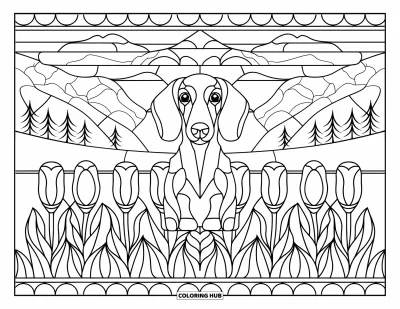 Wiener Dog Coloring Page for Adults: Wiener dog centered in a stained glass tulip design with a scenic backdrop
