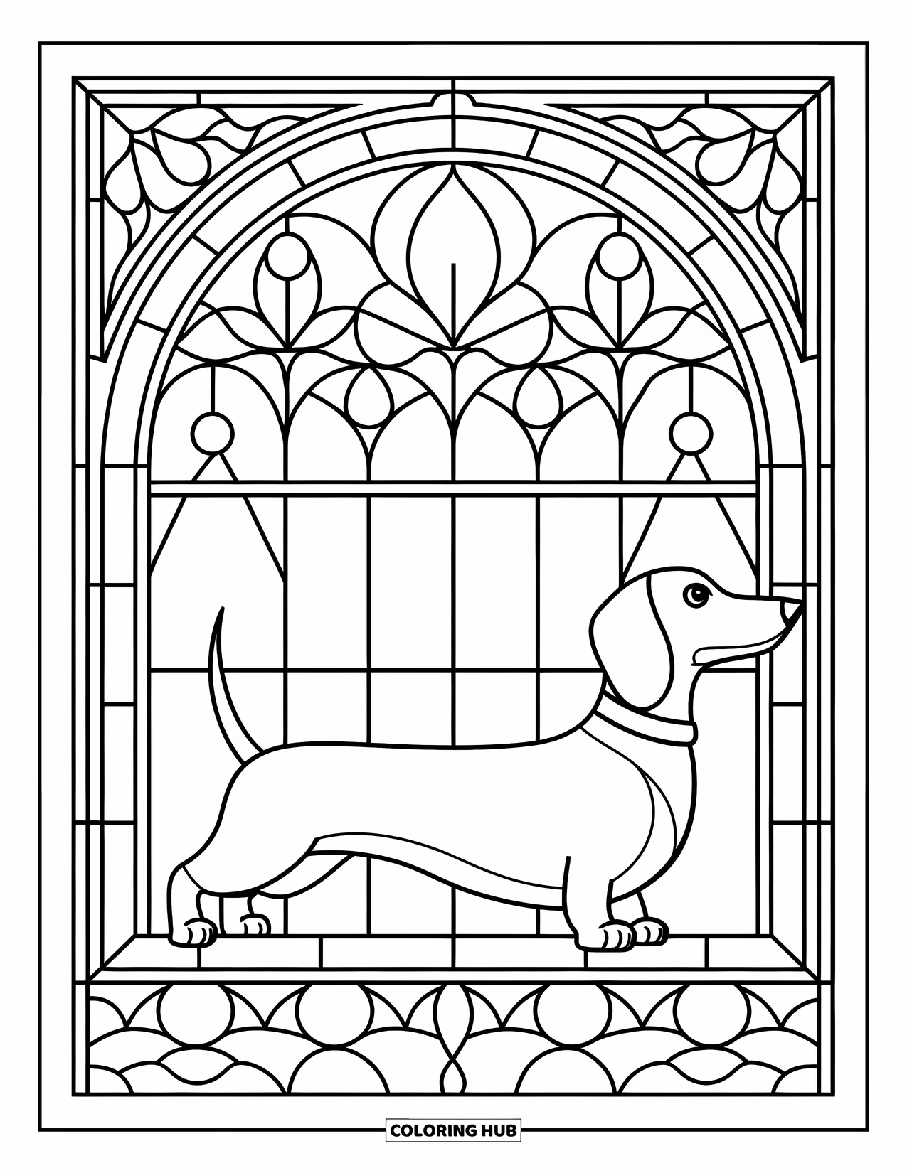 Wiener Dog Coloring Page for Adults: Wiener dog on hind legs in front of a stained glass window with floral motifs