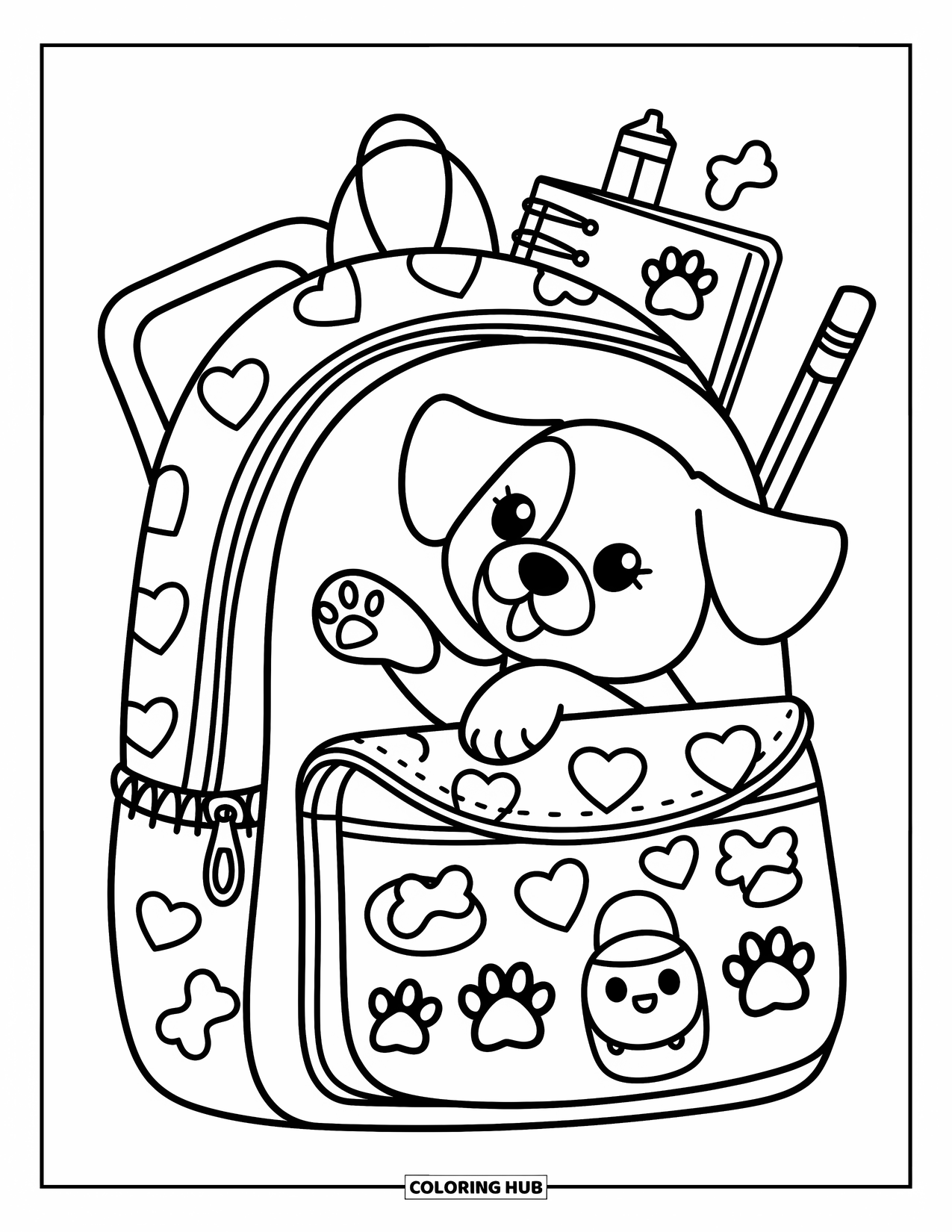Wiener Dog Coloring Page for Adults: Wiener dog popping out of a backpack filled with whimsical school items