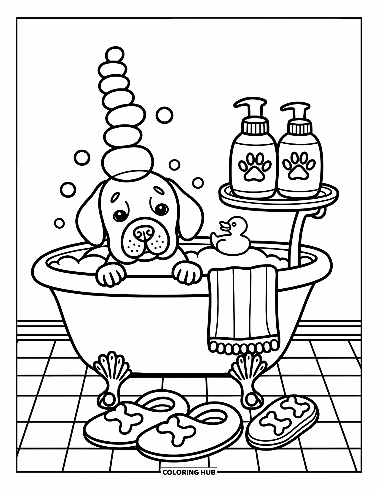 Wiener Dog Coloring Page for Adults: Wiener dog resting in a tub full of bubbles and playful bath items