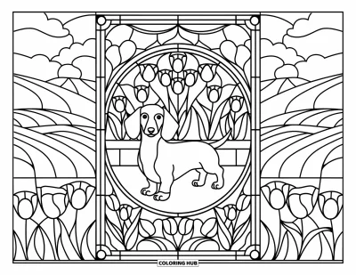 Wiener Dog Coloring Page for Adults: Wiener dog standing in a tulip-filled stained glass panel with rolling hills