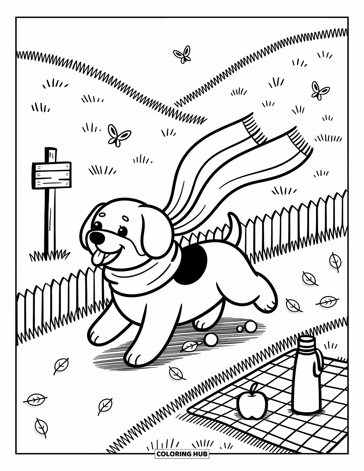 Wiener Dog Coloring Page for Adults: Wiener dog trotting with a flowing scarf along a leaf-strewn park path