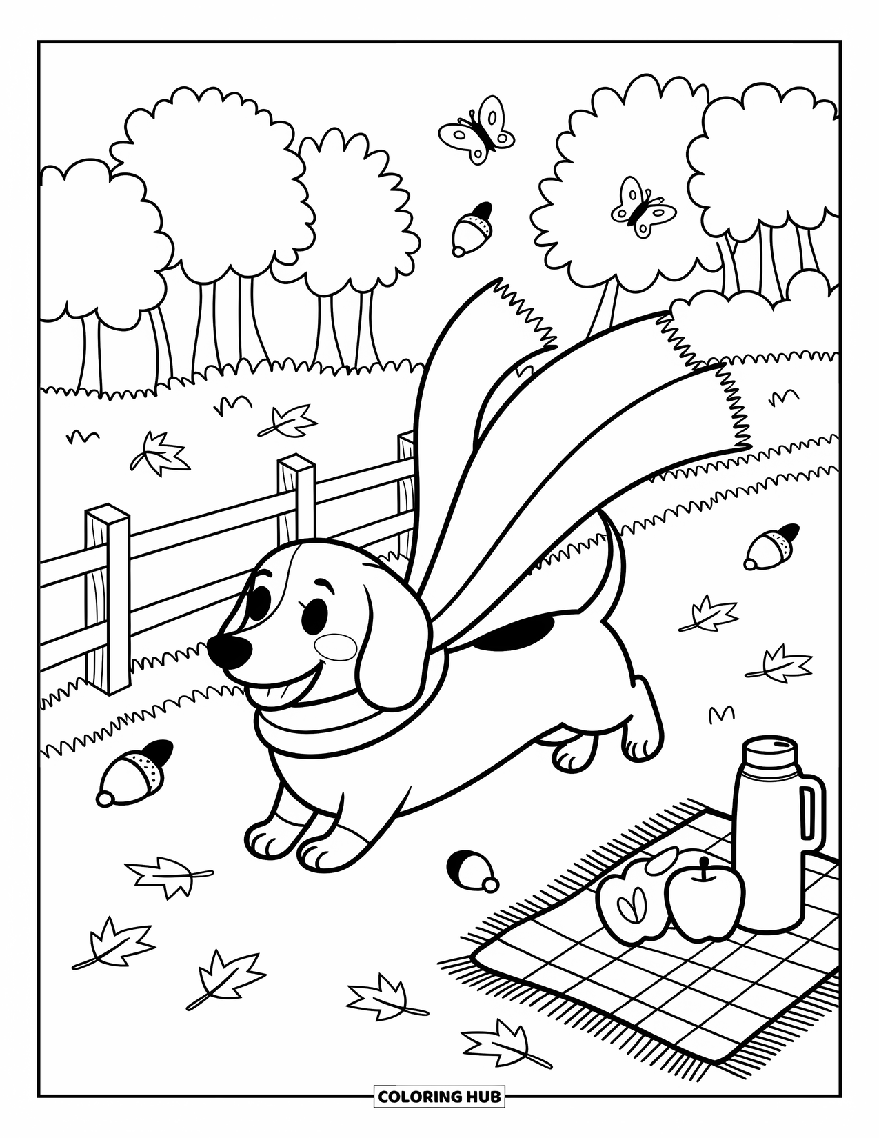 Wiener Dog Coloring Page for Adults: Wiener dog with a scarf trotting happily near a picnic blanket and signpost