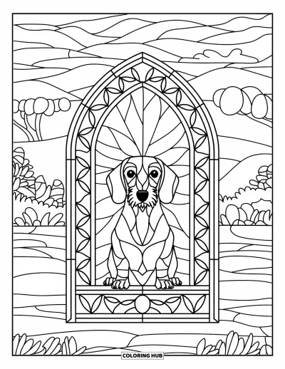 Wiener Dog Coloring Page for Adults: Wire-haired wiener dog inside a leaf-patterned stained glass arch with mountains and water
