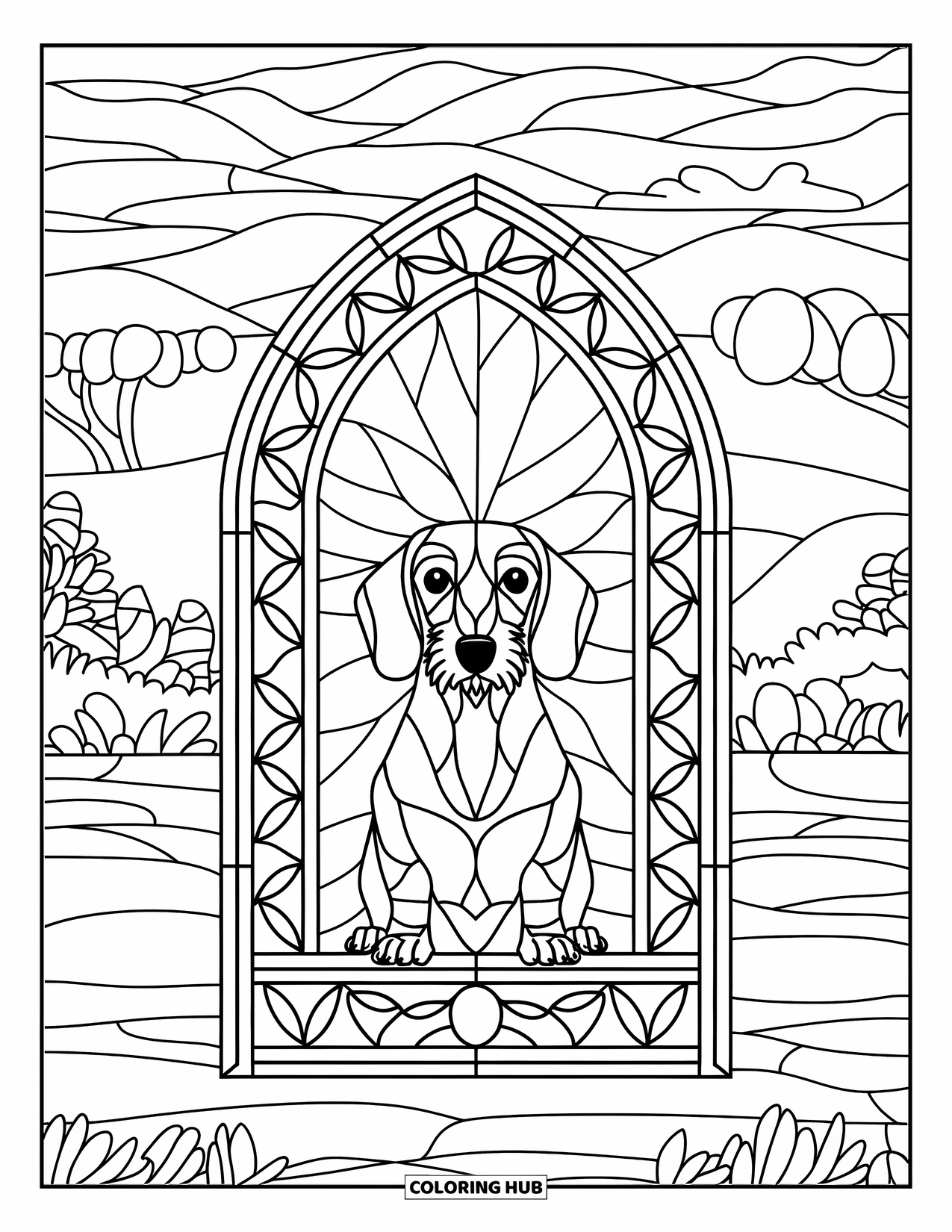 Wiener Dog Coloring Page for Adults: Wire-haired wiener dog inside a leaf-patterned stained glass arch with mountains and water
