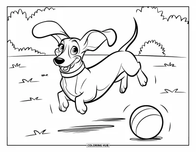 Wiener Dog Coloring Page for Kids: Collared wiener dog jumping happily in a grassy field