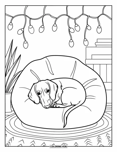 Wiener Dog Coloring Page for Kids: Cozy wiener dog curled on a bean bag with lights overhead