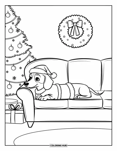Wiener Dog Coloring Page for Kids: Festive wiener dog in a Santa outfit lounging near a tree