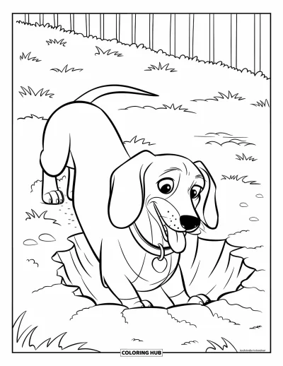 Wiener Dog Coloring Page for Kids: Happy wiener dog digging with paws in the backyard dirt