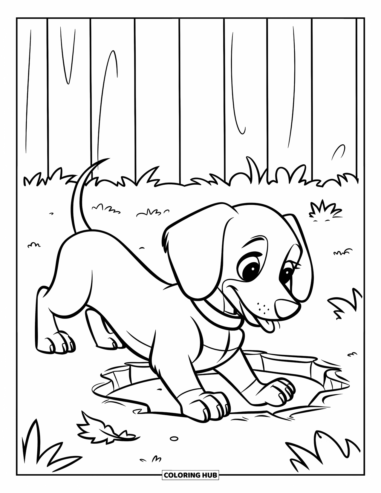 Wiener Dog Coloring Page for Kids: Puppy wiener dog digging a hole in the grassy yard