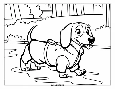 Wiener Dog Coloring Page for Kids: Raincoat wiener dog splashing through puddles in the yard