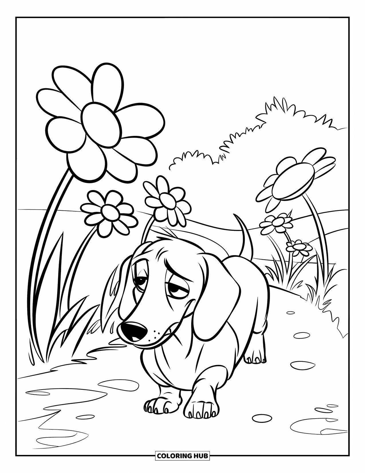 Wiener Dog Coloring Page for Kids: Sad wiener dog walking on a flower-lined path