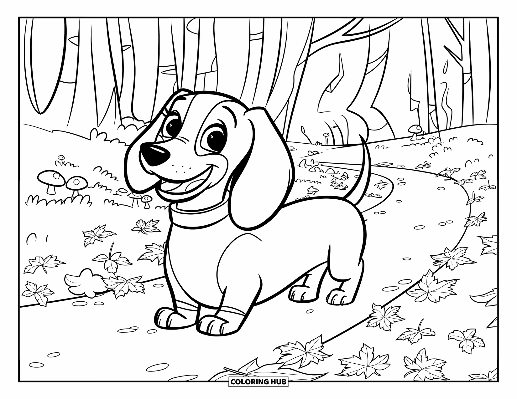 Wiener Dog Coloring Page for Kids: Smiling wiener dog strolling along a forest path of leaves and mushrooms